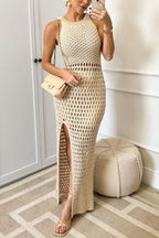 Vestido Sofie – Maxi Tricot Texturizado com Fenda e Decote Cavado