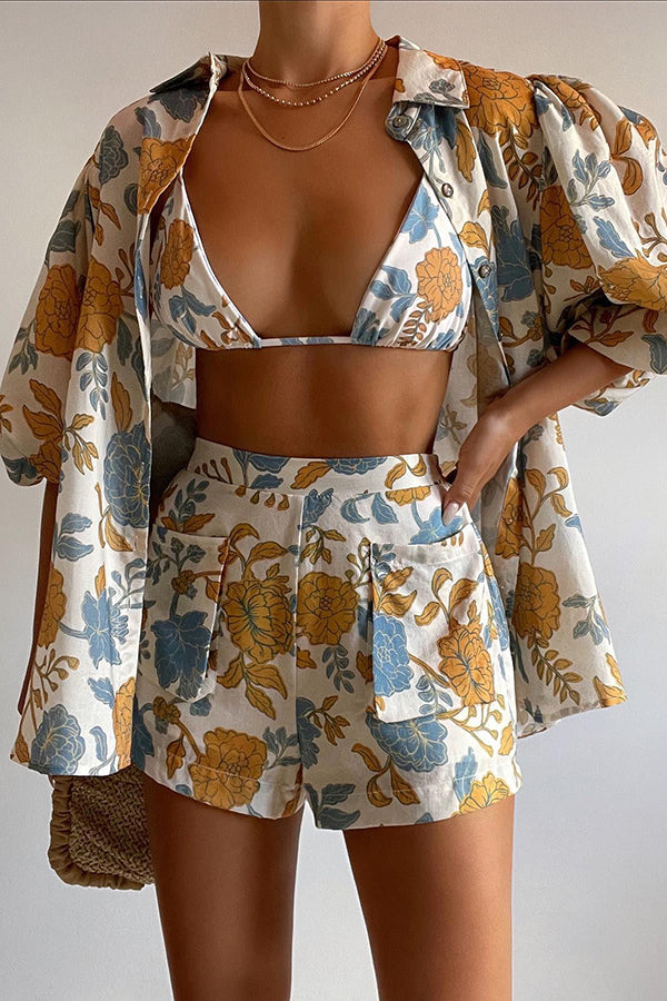 🌺 Conjunto Aloha – Blusa Floral Hawaii + Top e Short com Bolsos
