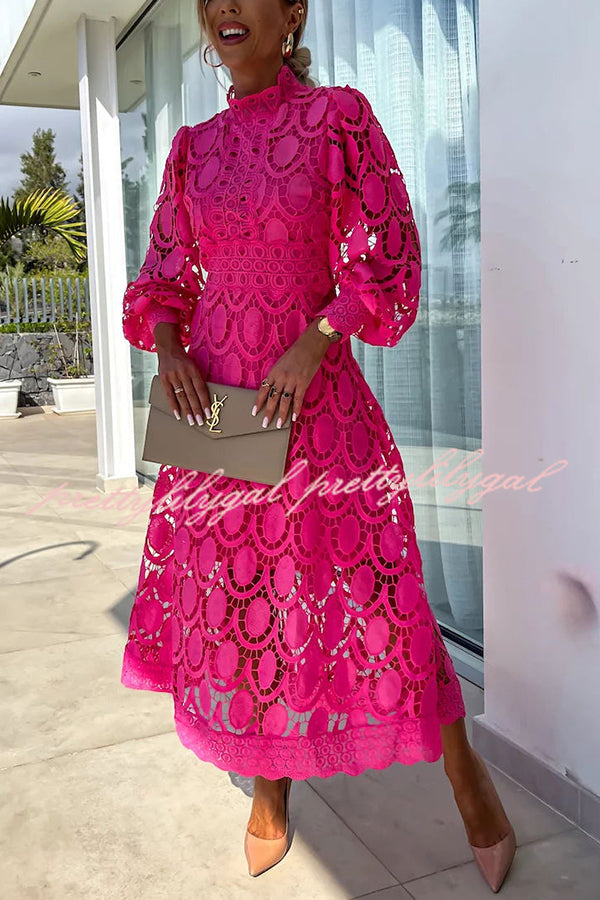 Vestido Helena – Midi de Renda de Crochê com Manga Lanterninha