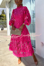 Vestido Helena – Midi de Renda de Crochê com Manga Lanterninha