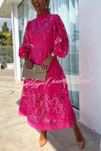 Vestido Helena – Midi de Renda de Crochê com Manga Lanterninha