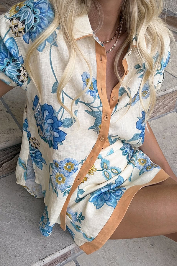 Conjunto Giselle – Camisa Floral com Saia Mini de Zíper em Linho