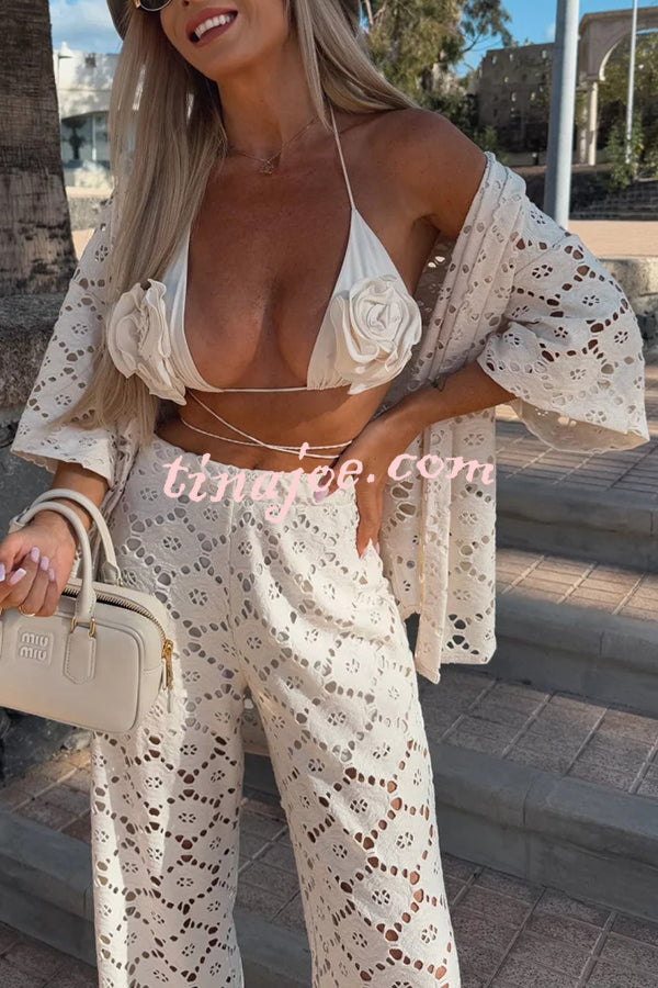 Conjunto Holiday – Camisa Rendada com Flores + Calça Pantalona com Cintura Elástica