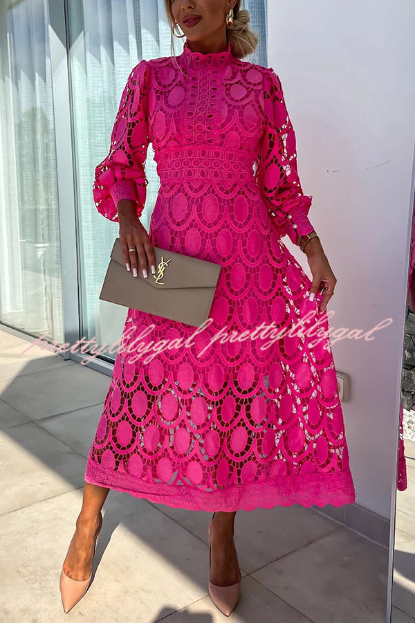 Vestido Helena – Midi de Renda de Crochê com Manga Lanterninha