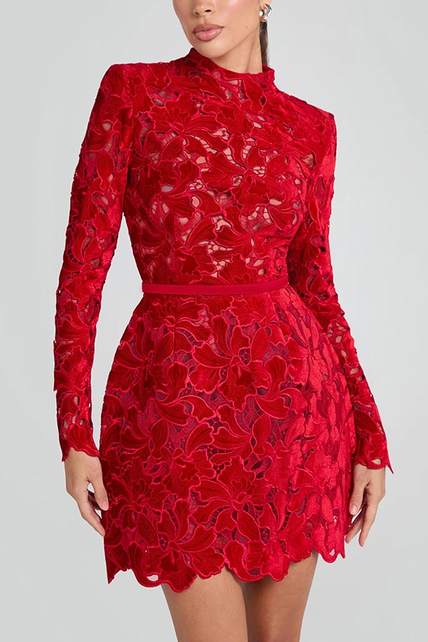 Vestido Lydia – Mini Tule com Renda Floral Bordada, Manga Longa e Cinto
