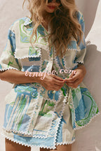 Conjunto Pierre – Camisa Estampada com Saia Envelope em Linho e Amarração Lateral