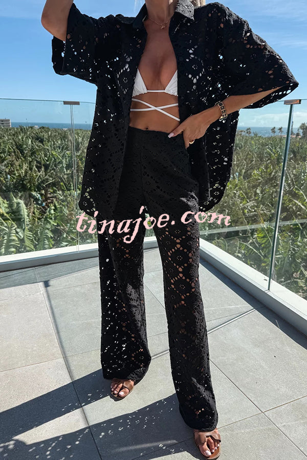 Conjunto Holiday – Camisa Rendada com Flores + Calça Pantalona com Cintura Elástica