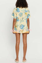 Conjunto Giselle – Camisa Floral com Saia Mini de Zíper em Linho