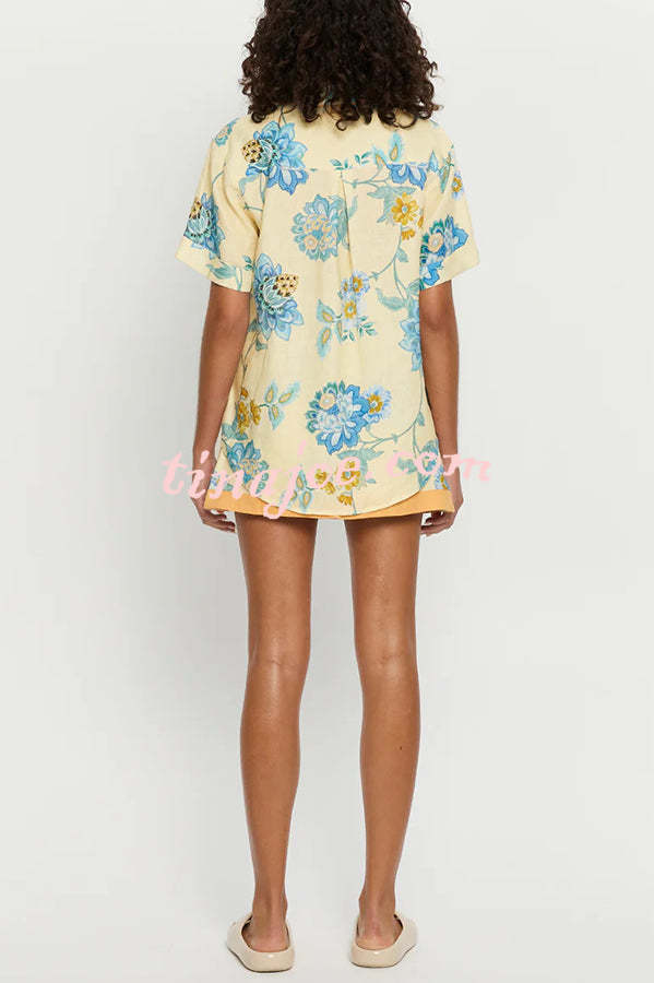 Conjunto Giselle – Camisa Floral com Saia Mini de Zíper em Linho