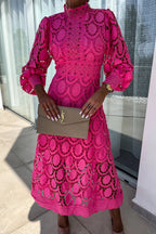 Vestido Helena – Midi de Renda de Crochê com Manga Lanterninha