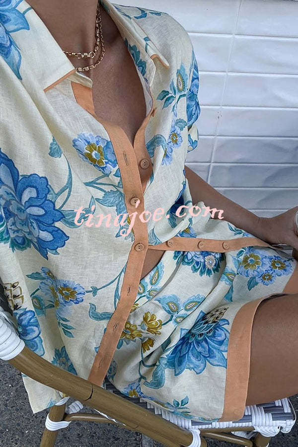 Conjunto Giselle – Camisa Floral com Saia Mini de Zíper em Linho