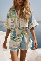 Conjunto Pierre – Camisa Estampada com Saia Envelope em Linho e Amarração Lateral