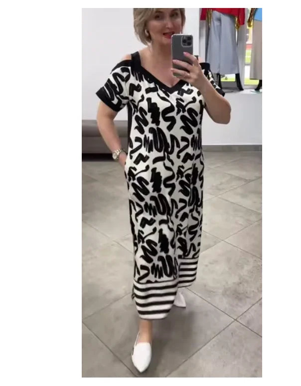 Vestido listrado com decote em V e respirável