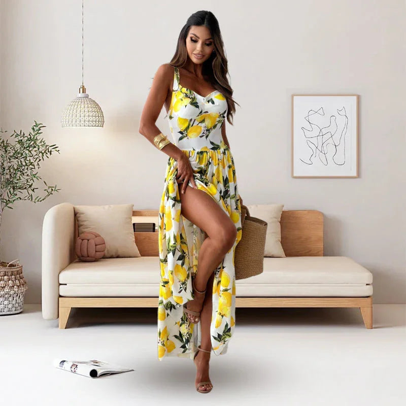 Vestido longo fluido com alças finas Verão 2025