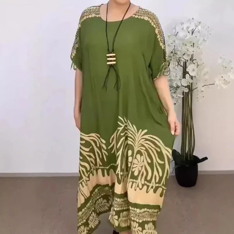 Vestido elegante com decote redondo, estampado e fluido, elástico