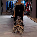 Vestido elegante com decote redondo, estampado e fluido, elástico