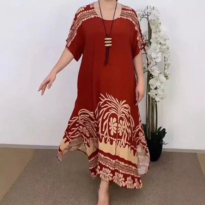 Vestido elegante com decote redondo, estampado e fluido, elástico