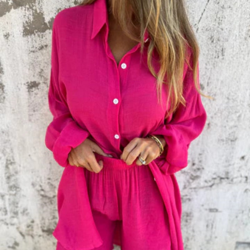 Conjunto Casual Esportivo Feminino – Camisa de Manga Longa + Shorts